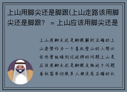 上山用脚尖还是脚跟(上山走路该用脚尖还是脚跟？ = 上山应该用脚尖还是脚跟走路？)